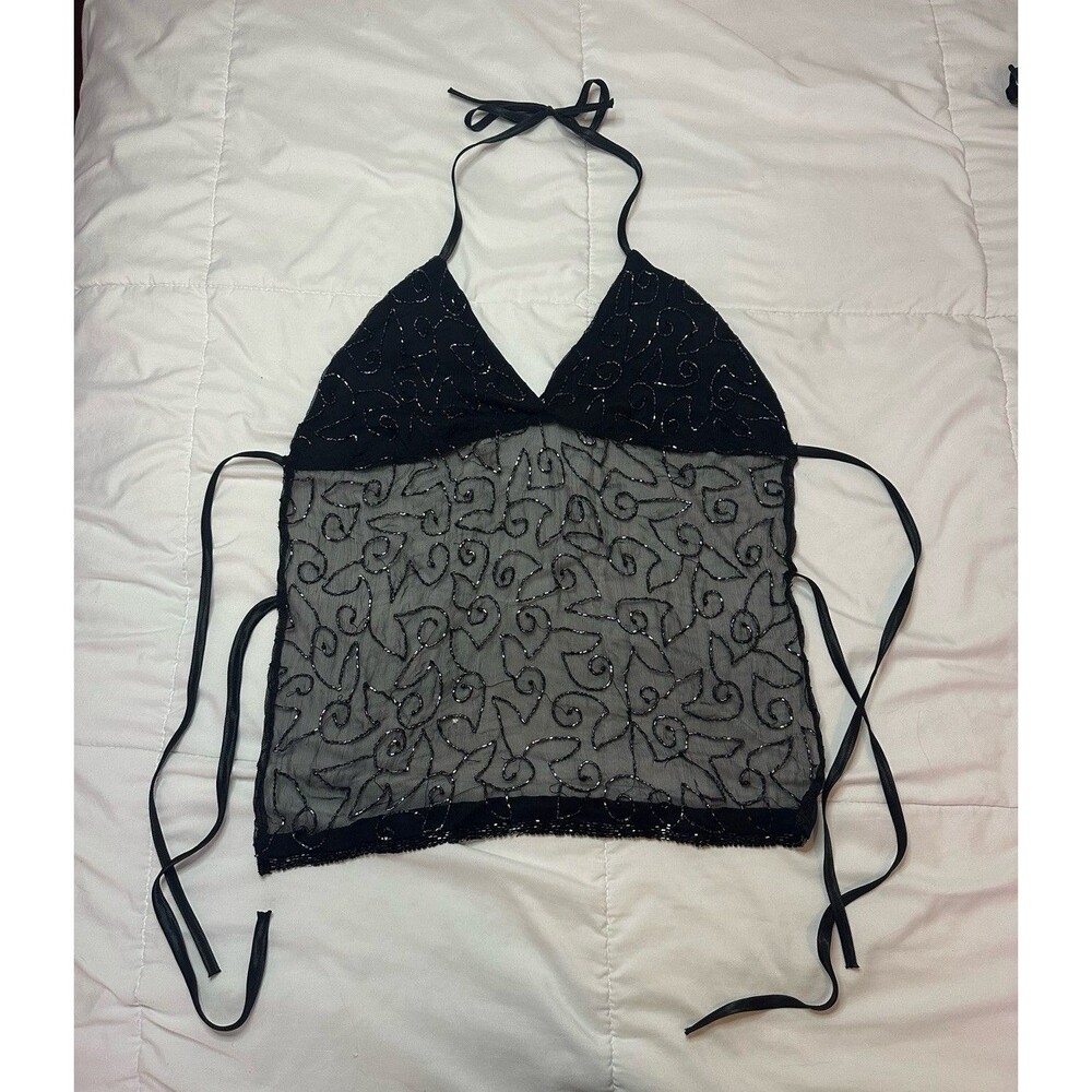 Handmade Y2K Beaded Halter Top Black Backless M Tie Back Sheer Fairy Whimsygoth